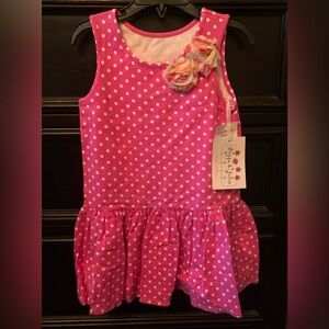 Pippa & Julie Pink Polka Dot Sleeveless Ruffle Dress with Floral Accent